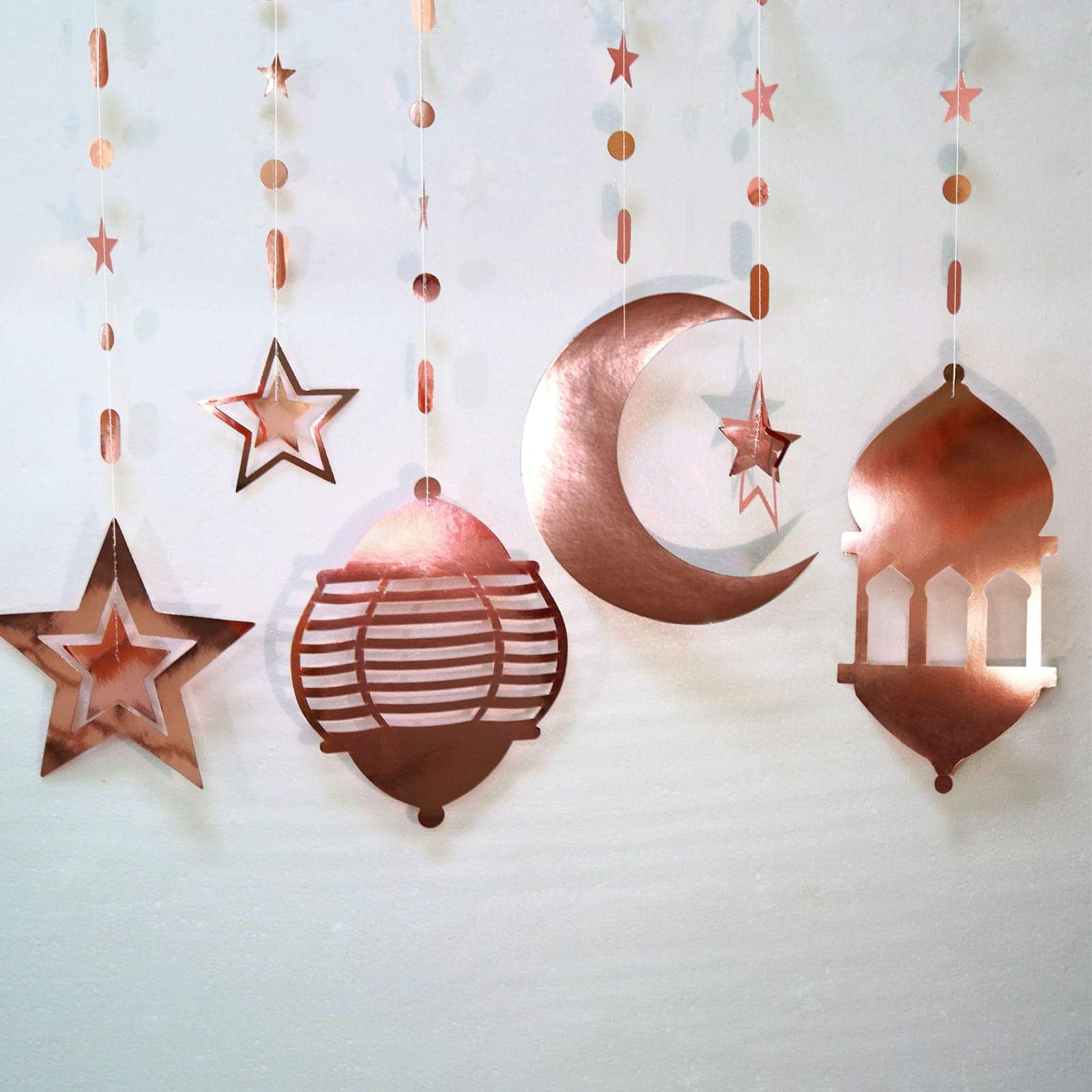 Cheerland Rose Gold Star Crescent Moon Lantern Garland For Ramadan Eid Mubarak Islamic Party Decor Hanging Streamer Backdrop Ban
